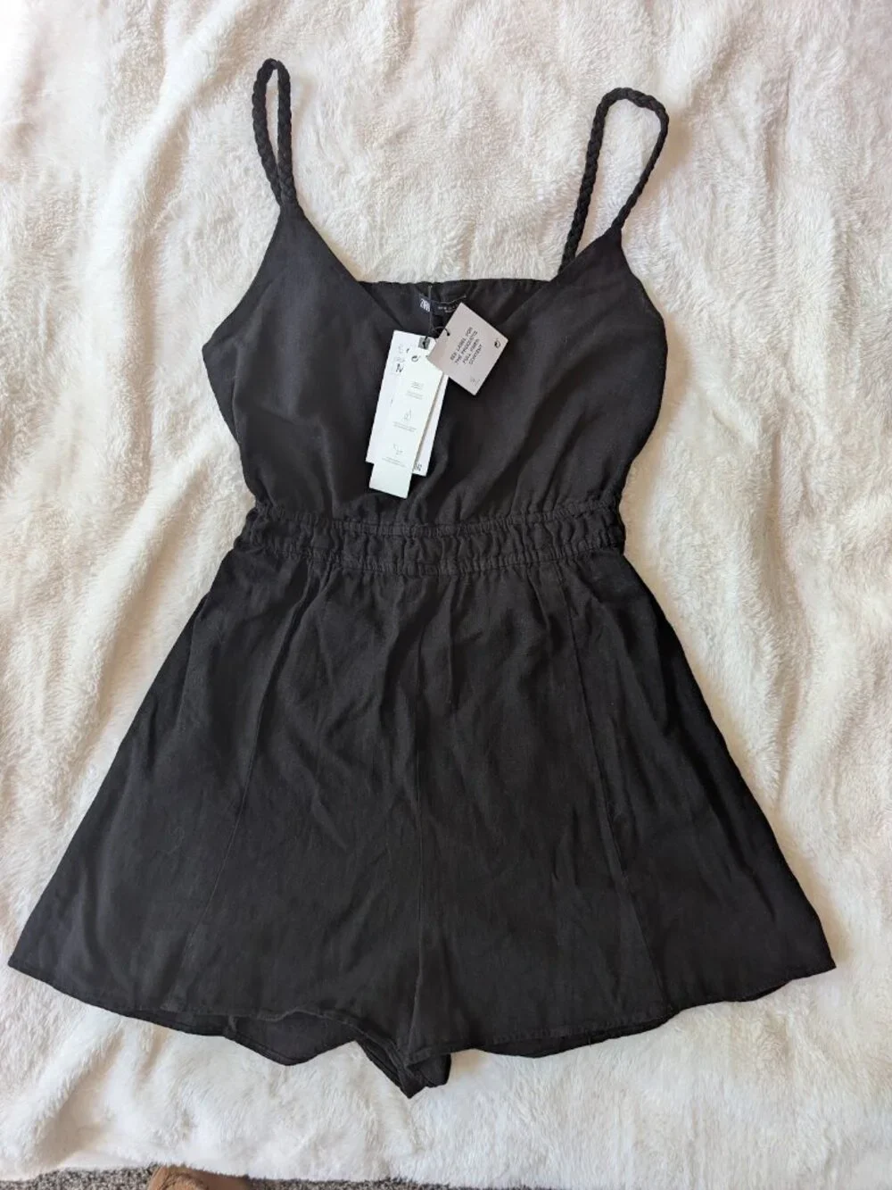 NWT Zara Woven Braided Linen Blend Romper Black M